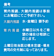 備考 胃内視鏡、大腸内視鏡は事前にお電話にてご予約下さい。